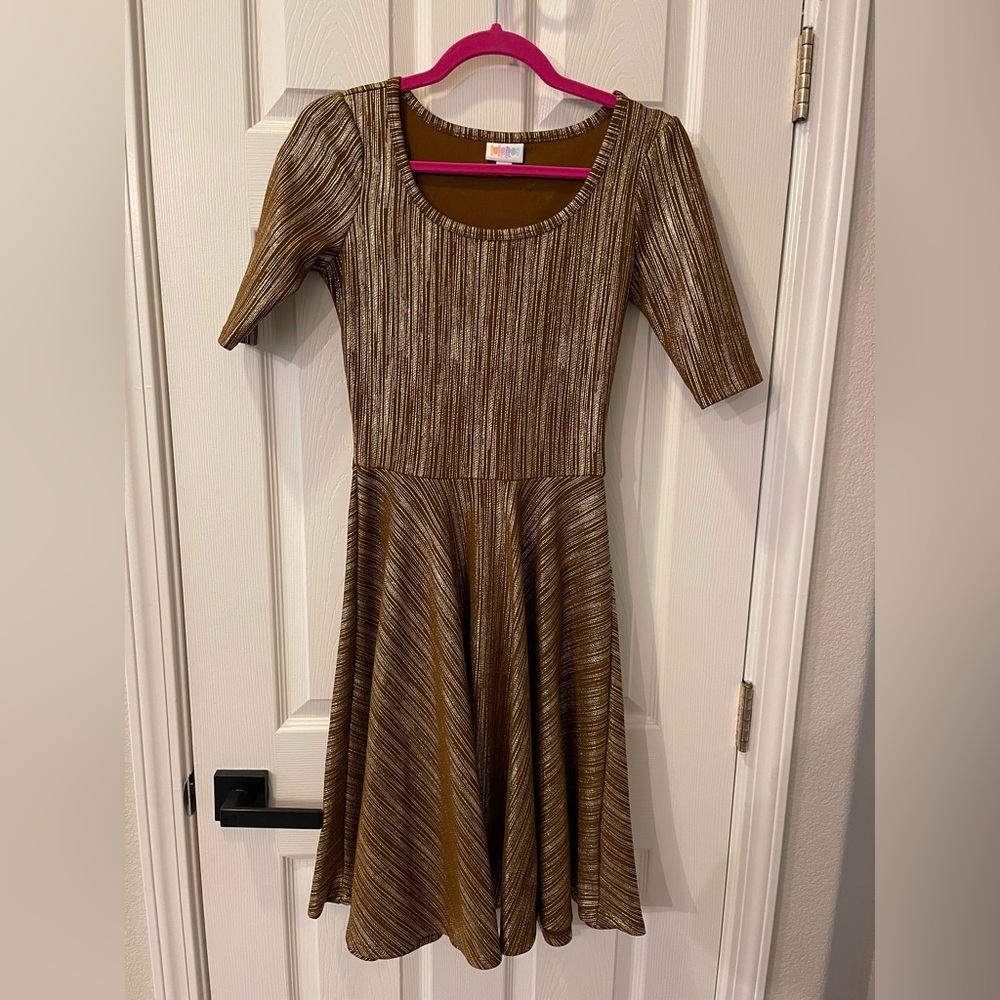 LULARoe Nicole brown and gold dress xs